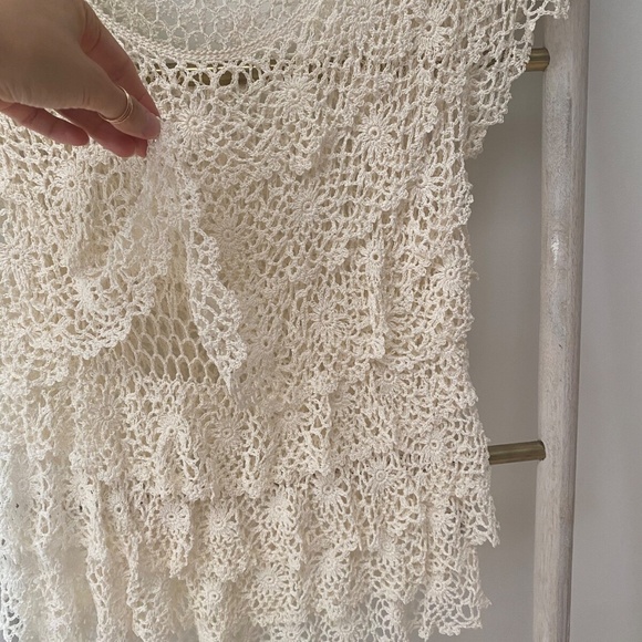 Style Handmade Womens Ivory Crochet Layered Summer Cotton Short Sleeves Top Sz M - Picture 4 of 8